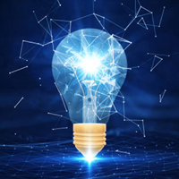 a digital representation of a lightbulb with digital lightning coming out